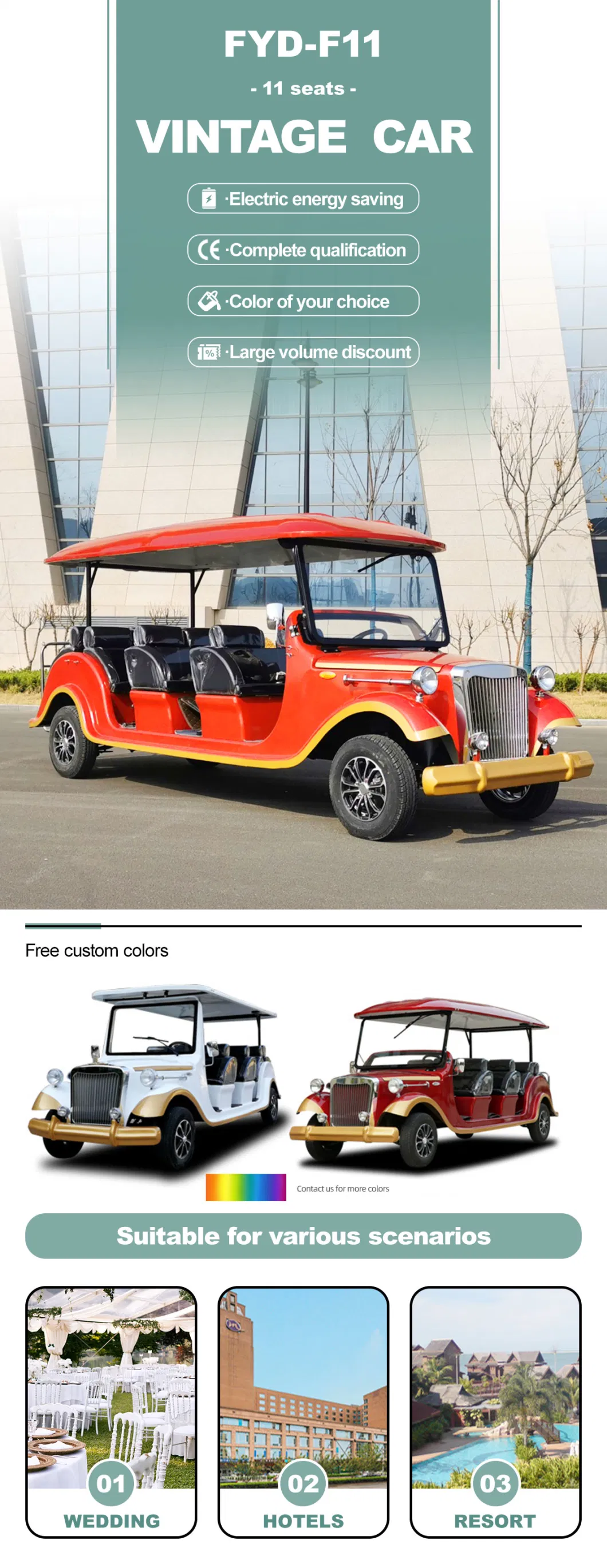 Wholesale Electric Vintage Car 11 Seat Old American Classic Car for Resort Hotel